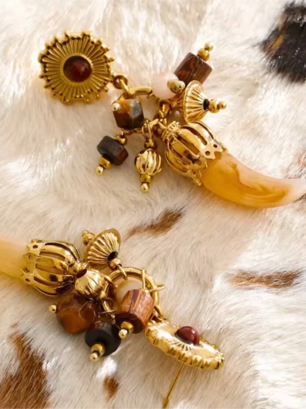 Vintage Gold Drop Earrings with Brown and Cream Accents
